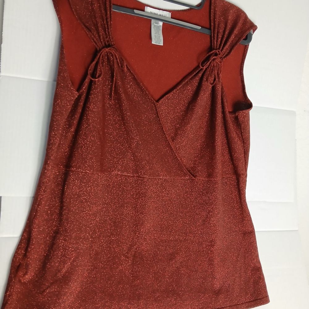 Nine West red sparkle ruched crossover cocktail evening blouse. Plus Size 2X